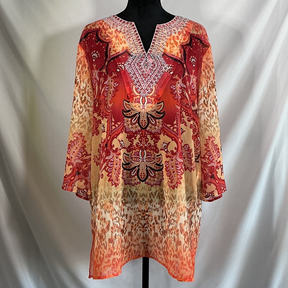 Chico's Bohemian Embroidered V-Neck Tunic Blouse Orange Red Size 3